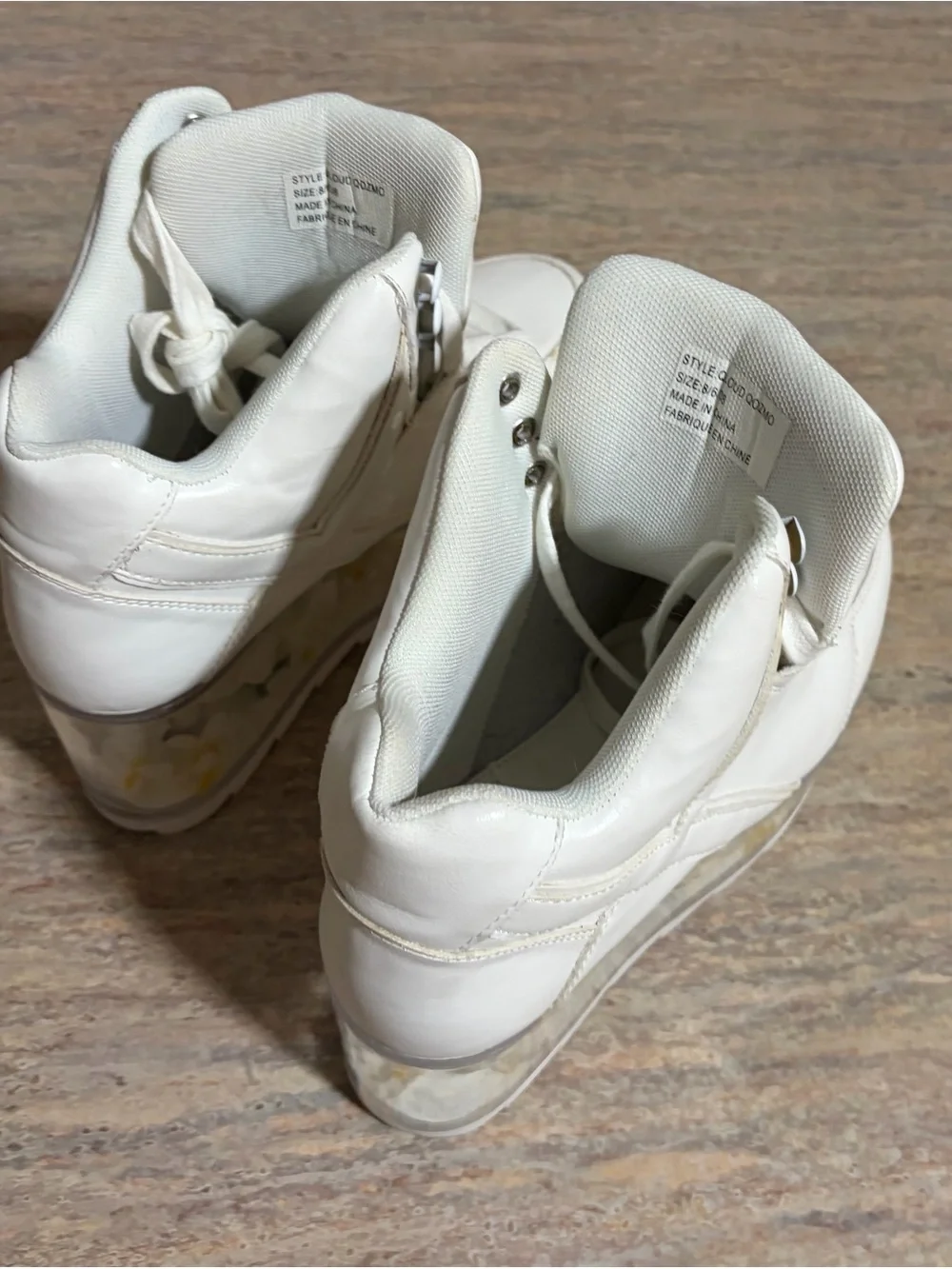 YRU QLOUD QOZMO White Platform Sneakers with Ivory Flowers inside the clear sole